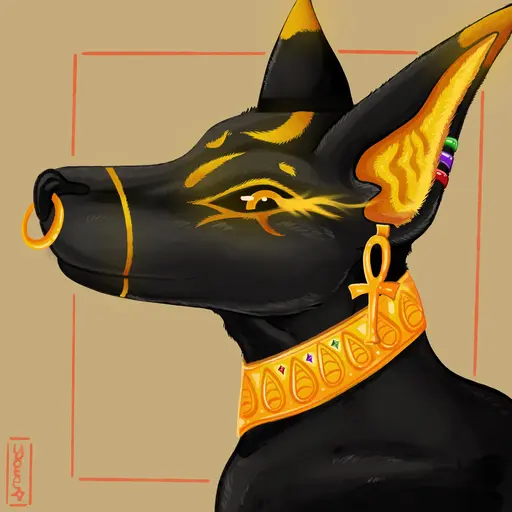 A headshot drawing of Anubis / An Anubian Jackal.