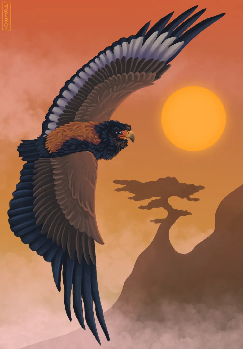 A fullbody drawing of a bateleur eagle flying in a savannah