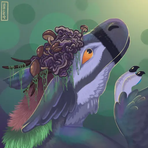 A headshot drawing of a lapwing dragon adorned with a crown of branches, lichen and fungus.