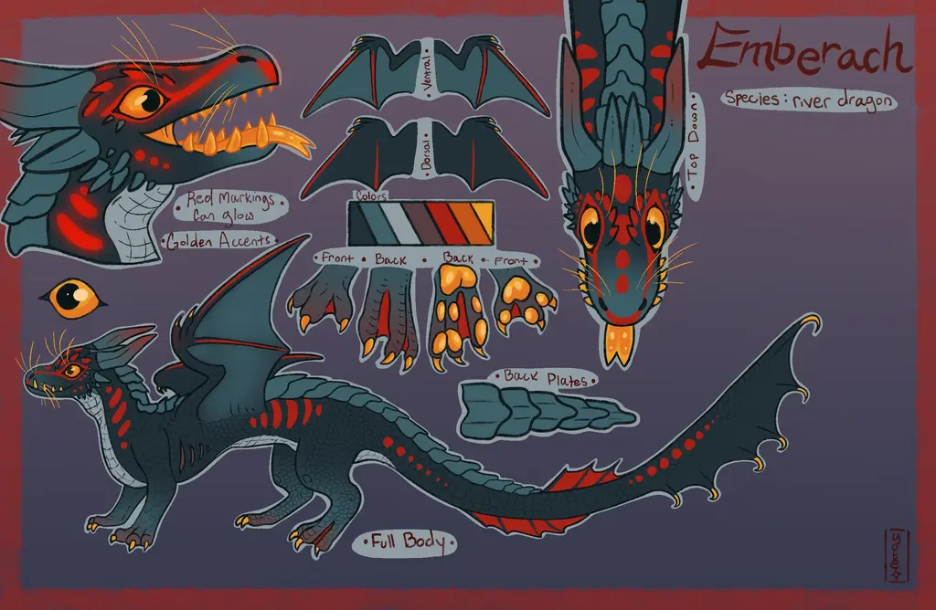 A finished reference sheet of a river dragon.